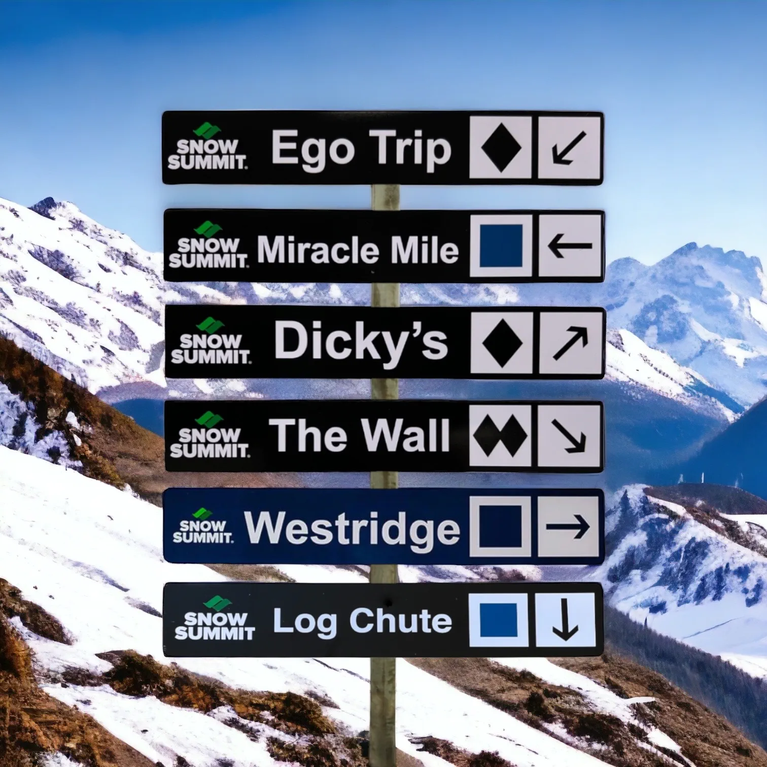 Six Snow Summit winter trail signs in black with the Snow Summit logo on the left, the trail name, followed by the difficulty level and direction.